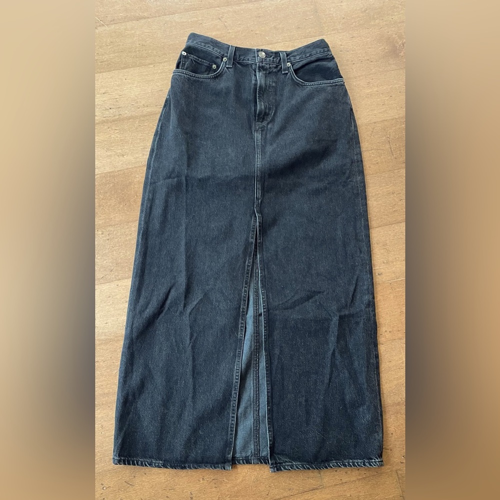 Agolde Black Denim Maxi Skirt with Front Slit